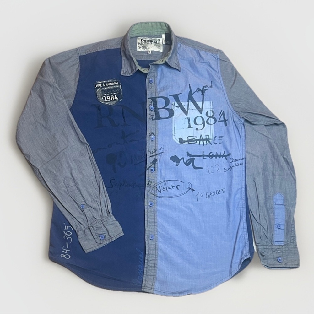 Desigual Graffiti Blue and Grey Men's Button Down Shirt sz S Embroidered Details